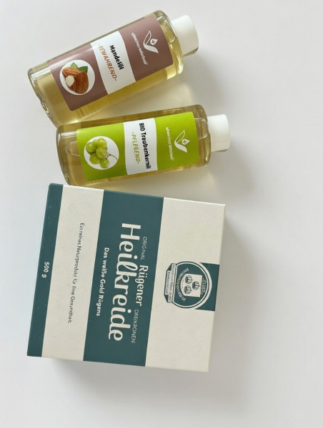 Wellness-Set Dreikronen-Heilkreide mit Mandel- und Traubenkern Öl